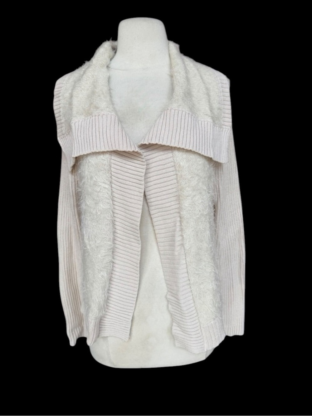 Y2K Apt. 9 Cotton Blend Light Beige & Cream Fuzzy Eyelash Knit Open Cardigan